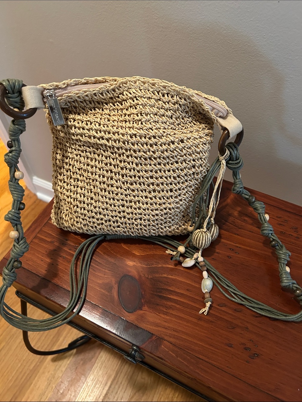 Sun & Sand Boho Woven Straw Crossbody Bag with Olive Rope Strap